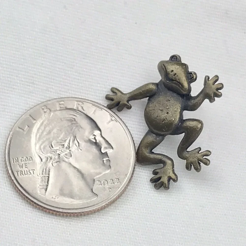 JJ Frog Pin Antiqued Bronze Jumping Pose Whimsical Vintage Brooch